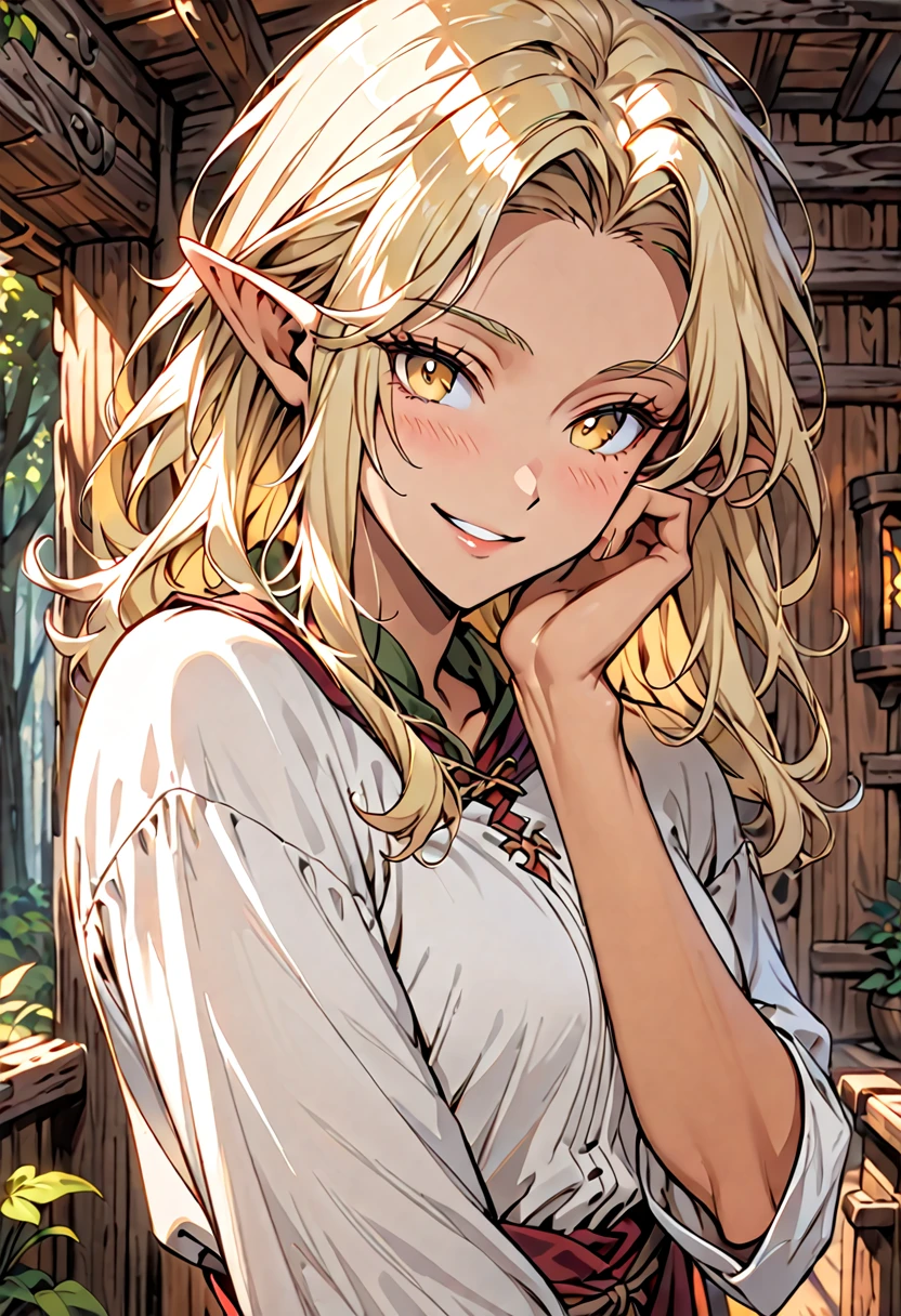 male:1.4, solo, slim waist, fit, long luscious blonde hair, yellow eyes, elf, light tan skin, clean shaven, blush, cabin indoors, forest, medieval clothes, young, feminine male, wide smile, shy pose, loose poet shirt, close up, pinup pose