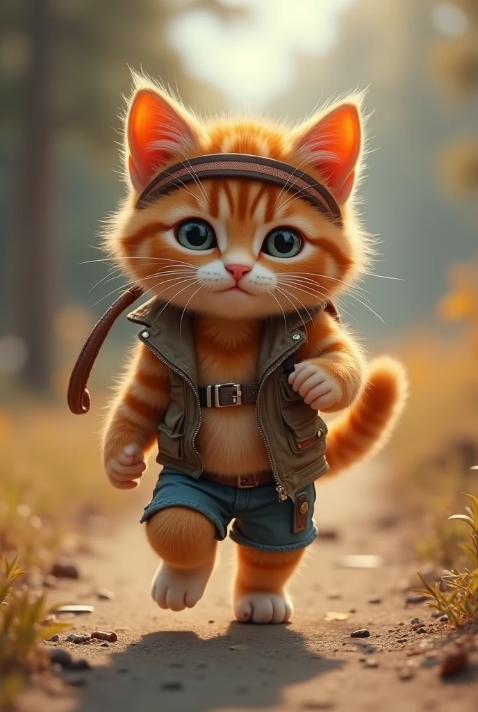 Rescue story "A cute and determined anthropomorphic kitten, dressed in a torn vest, shorts and a headband, walking on solid ground. The cat's fur is fluffy and well-groomed, which adds a touch of charm to his fierce training session. 8K resolution,