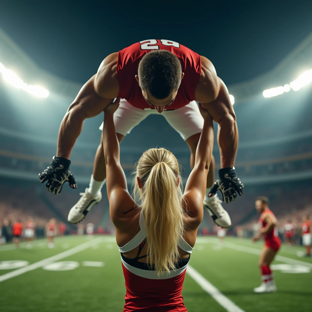 Blonde, Beautiful, and strong cheerleader lifting a large male football player high above her head with her strong arms. Photorealistic. View from a distance. Wide angle.
