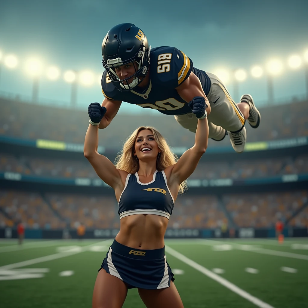 muscular handsome football quarterback Cradle carried by a Beautiful and strong barefoot cheerleader in red. Woman carrying man. Football player in blue uniform. Football player completely lifted off the ground by the cheerleader. Cheerleaders in background.