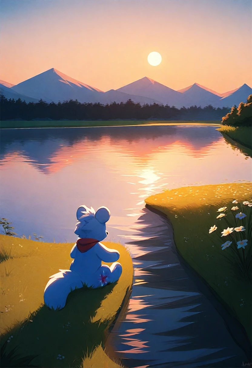 ​masterpiece, higly detailed, Painting of a stuffed animal, sitting on the grass., the furry Fursuit is running, Fursuit, Fursuit!!!!, in a park and next to a lake, Night time!, at sunset, dusk setting, Lake in the background, Night time, At Twilight, at sunset, at dusk!, Not blurry, during a sunset, during sunset, with a park in the background