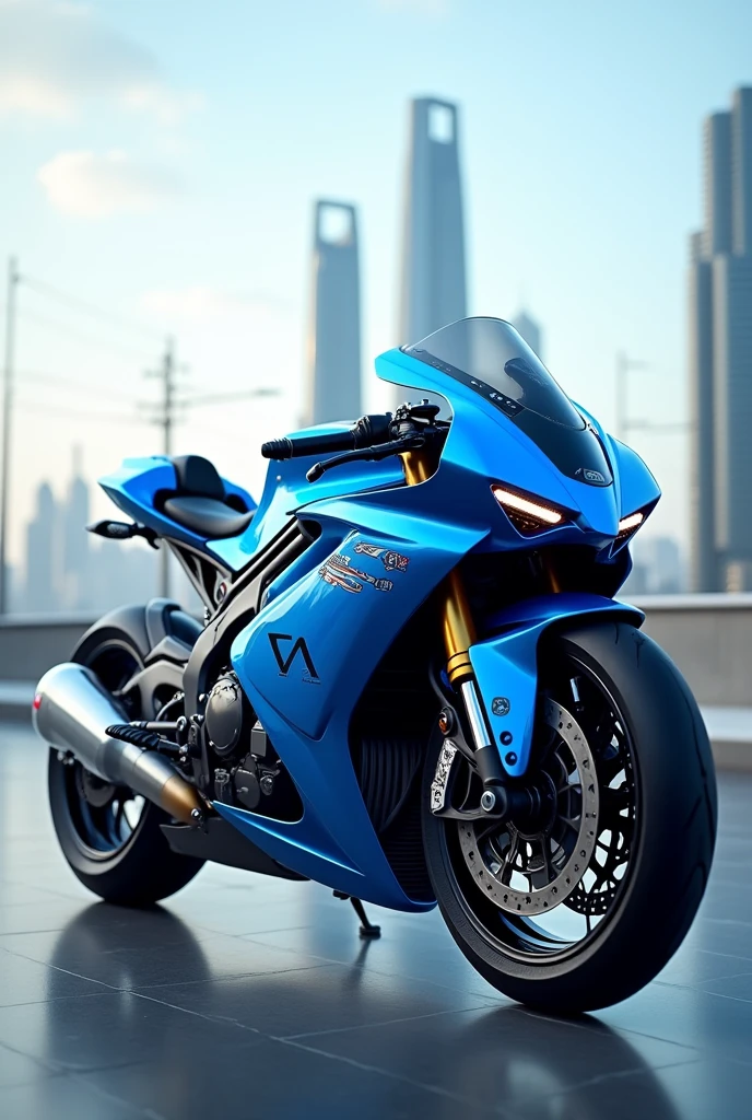 blue motorcycle, with attached rocket