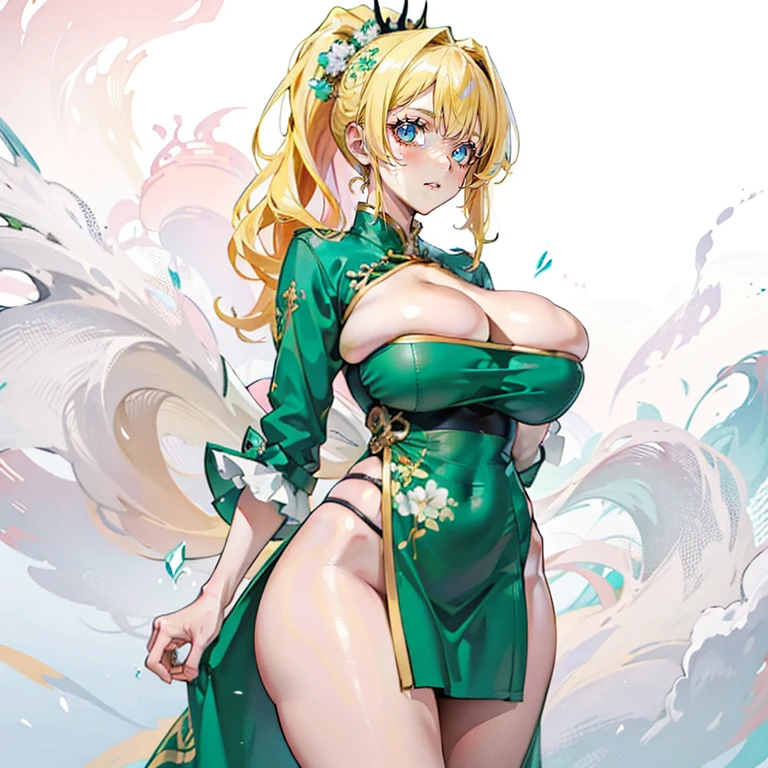 Anime Kawaii sexy Perfect Slim sensual body large breast and huge thighs, An intricate and highly detailed illustration of anime ( girl). a young woman, beautiful, long straight hair with ponytail, blond hair, emerald green eyes, White skin, Detailed face, curvilinear body, small breasts, wide hips and thick thighs, green chinese dress with yellow patterns, tight, neckline, erotic.