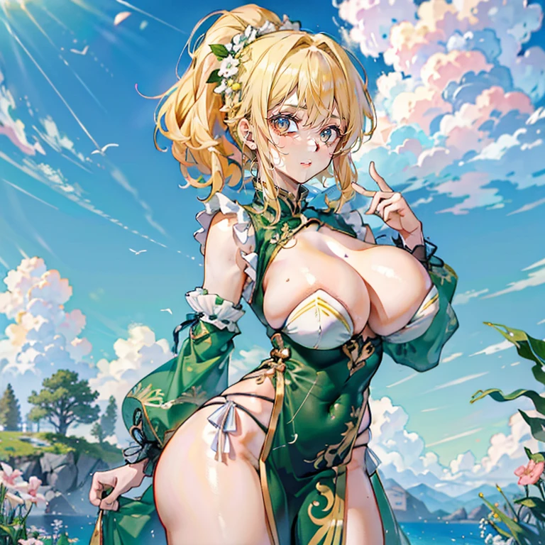 Anime Kawaii sexy Perfect Slim sensual body large breast and huge thighs, An intricate and highly detailed illustration of anime ( girl). a young woman, beautiful, long straight hair with ponytail, blond hair, emerald green eyes, White skin, Detailed face, curvilinear body, small breasts, wide hips and thick thighs, green chinese dress with yellow patterns, tight, neckline, erotic.