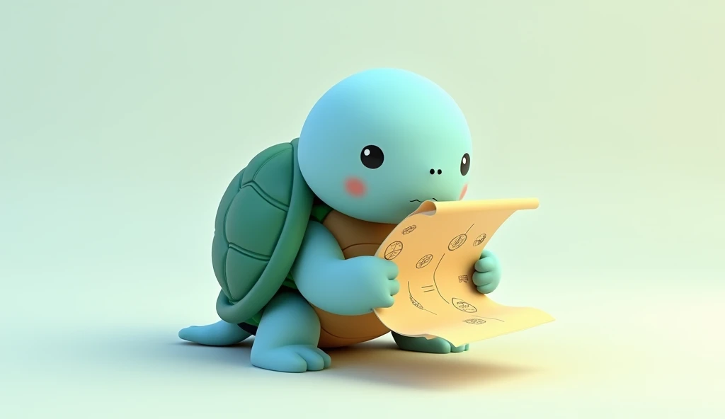 Design a minimalist 3D stylized illustration of a Water Turtle from the SOLMON universe reading a map. The turtle should be depicted with a calm, thoughtful expression, holding a simple, unrolled map with its flippers. The map can have subtle, faded lines and symbols, giving the impression of a treasure map or exploration guide. The Water Turtle should feature smooth, gentle curves in its design, with a cool color palette of blues and greens, reflecting its water element. The background should be minimalistic, perhaps just a soft gradient or abstract water ripple effect, allowing the focus to remain on the turtle and its map.