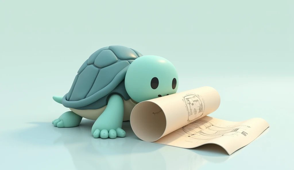 Design a minimalist 3D stylized illustration of a Water Turtle from the SOLMON universe reading a map. The turtle should be depicted with a calm, thoughtful expression, holding a simple, unrolled map with its flippers. The map can have subtle, faded lines and symbols, giving the impression of a treasure map or exploration guide. The Water Turtle should feature smooth, gentle curves in its design, with a cool color palette of blues and greens, reflecting its water element. The background should be minimalistic, perhaps just a soft gradient or abstract water ripple effect, allowing the focus to remain on the turtle and its map.