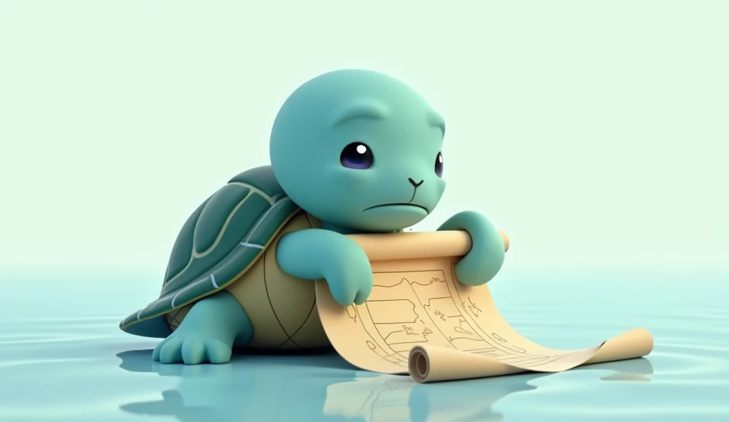 Design a minimalist 3D stylized illustration of a Water Turtle from the SOLMON universe reading a map. The turtle should be depicted with a calm, thoughtful expression, holding a simple, unrolled map with its flippers. The map can have subtle, faded lines and symbols, giving the impression of a treasure map or exploration guide. The Water Turtle should feature smooth, gentle curves in its design, with a cool color palette of blues and greens, reflecting its water element. The background should be minimalistic, perhaps just a soft gradient or abstract water ripple effect, allowing the focus to remain on the turtle and its map.