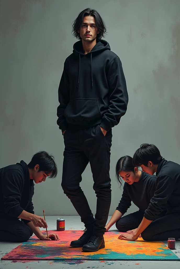 Handsome, realistic, muscular ager
Tall with long black hair , with black clothes and handsome , beardless with a sad grayish background environment with his friends painting a colorful canvas , all dressed in black painting on the floor