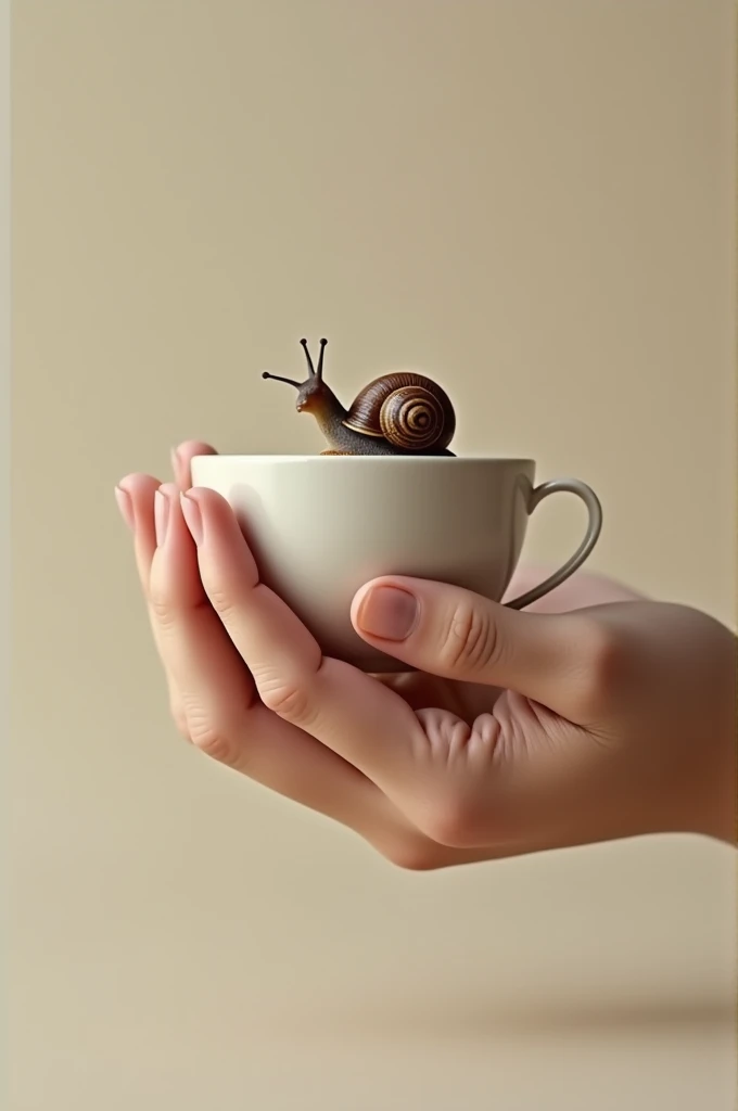 hand holding a Mini cup with a snail inside a hyper-realistic photograph, 8k