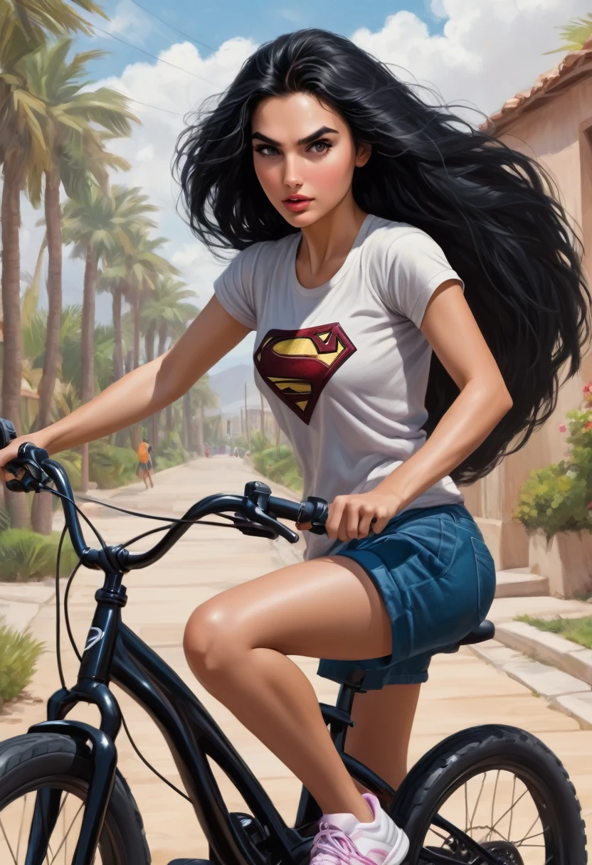 18 year old girl, huge black hair, eyes black, beautiful like Gal Gadot, pushing a bike, wearing short shorts and a t-shirt