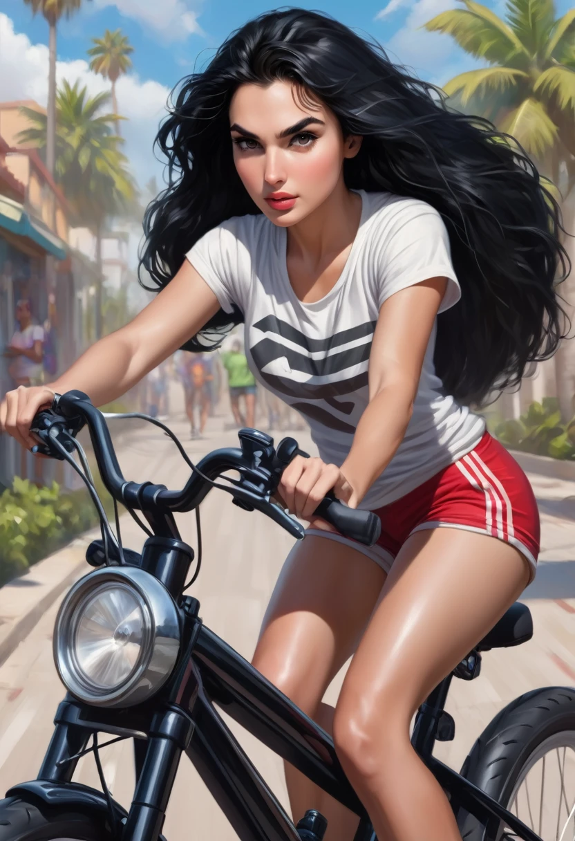 18 year old girl, huge black hair, eyes black, beautiful like Gal Gadot, pushing a bike, wearing short shorts and a t-shirt
