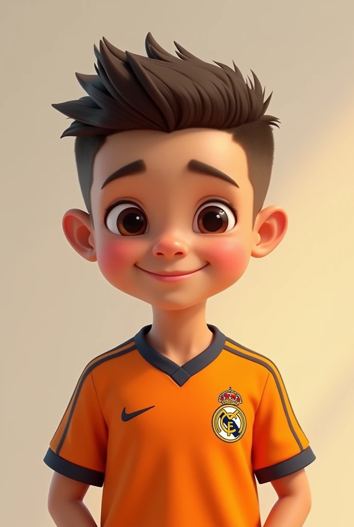 A cute brown-eyed boy, 1.50 tall, with a haircut number 7, wearing an orange Real Madrid jersey, and mixed race.