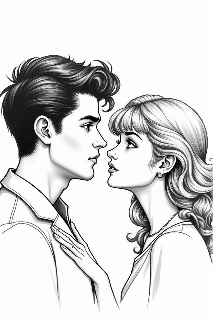 A black and white drawing of a couple looking at each other, She has bangs, Your face is fuller with cheeks. , and her eyes are big and she has wavy blonde hair, and long, voluminous hair