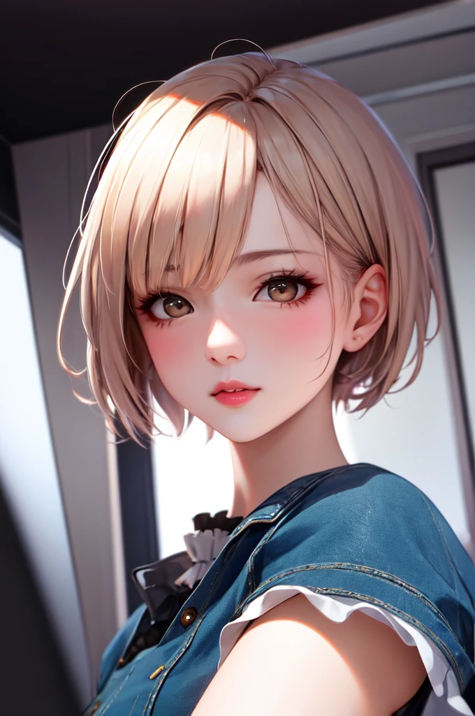 One person, Beautiful Face, ((White eyes)), performer, space, (Lightroom:1.13), Soft Light, (Natural skin texture:1.2), (Hyperrealism:1.2), Sharp focus, Concentrated,[[Realistic]]、Cute frilled short sleeves、Dabo Dabo Jeans、Shortcuts、Character portrait、Are standing