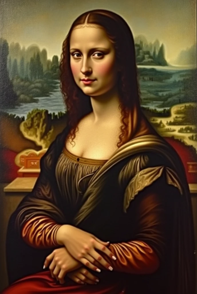 Leonardo style oil painting of nude beautiful latina woman with short hair similiar to the mona lisa painting 