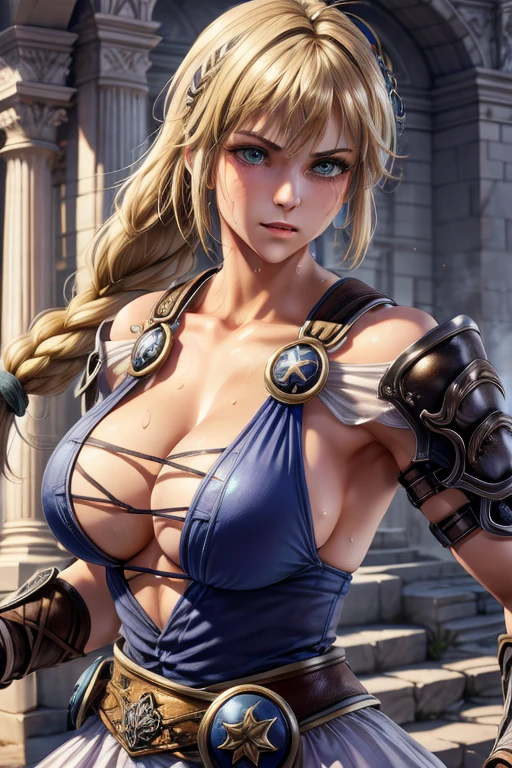 masterpiece, Highest quality,  Unreal Engine,  Super Resolution,  Very detailed, Complex, colorful, Clear images, Sharp focus, Digital Blending, 

Beautiful woman, Sophitia Alexandra, Perfect Eyes, Perfect Face, Ultra detailed hair, Ultra detailed face, Very detailed lips,Vivid expression, Healthy Body, Beautifully detailed sweat glands, Smooth skin texture, Carefully drawn,

(humidity:1.2), Beautiful Eyes, (Attractive face:1.2), (Beautiful Skin), (Big Breasts), Big Ass, Tight waist, Sticky with sweat, In a sexy pose,

In the world of Soul Calibur, On a hill where a rainbow can be seen,  Full Shot,sony a9, 