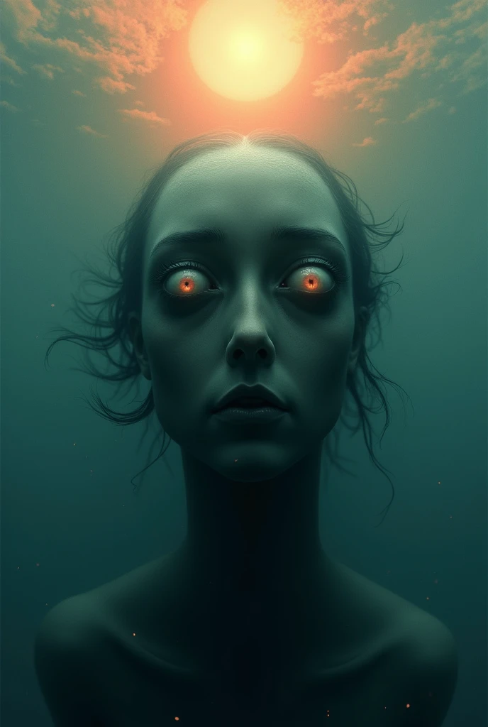 A head with sad eyes has no mouth or nose., a dark aura around the eyes as bright as day, everything is underwater but the sun is peach orange, she asks for help, but no one hears her, She is dead.