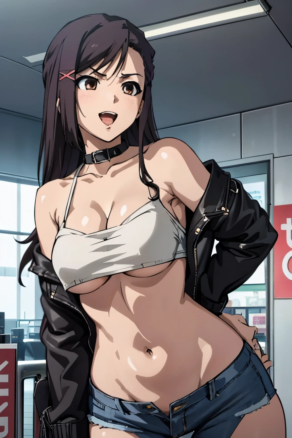 1girl, kanade sakurai, long hair, long hair,, blush, lipstick, Hot girl, baddie, staring, glaring, bad attitude, mean girl, crazy, smoking, sensual, attractive, mall, shopping center,indoors, masterpiece,high quality,4k, shirt, bare shoulder,belly,crop top,holding pistol,cleavage,casual dress,smile, open mouth, evil expression, exposed belly, exposed navel, exposed midriff, exposed lower belly, crop top overhang, underboob,jacket, unbuttoned jeans , low rise black jeans, Low rise jeans, Low rise jeans with open fly, navel piercing