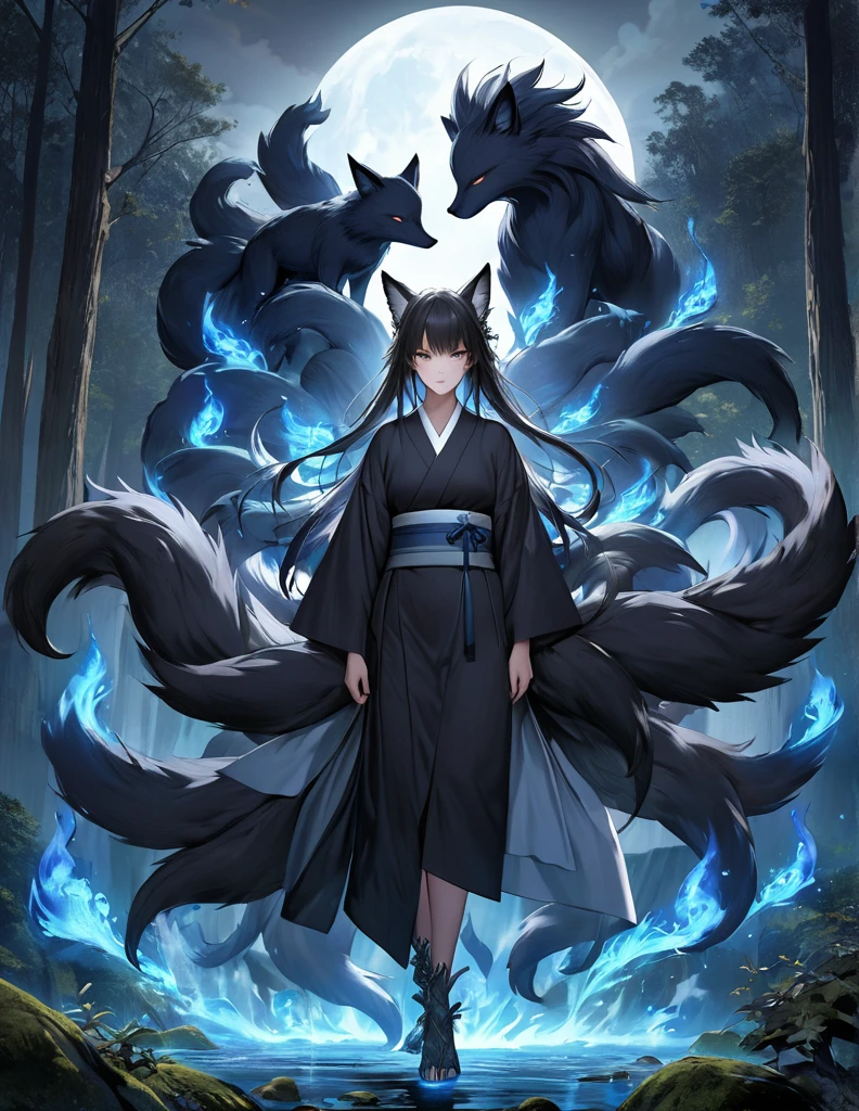 ((full body shot at distance)) , (((1girl))), (realistic fox-girl with black hair and nine tails surrounded by motes of blue fire, looking at a waterfall) , (nine tails with black fur:2.0 ) , (image centered on subject with her tails spread behind her:1.5), {subject facing away), (waterfall), moon , (anatomical perfect), (beautiful human face, high cheekbones, green eyes fox ears) , (very detailed ankle length kimono with a loose fit:1.5 ) , inspired by Sugimura Jihei, delicate and fine, (tentacles:fox tails:0.5), white form, inspired by Sōami, jormungand, mystical creatures, realistic, ultra detailed, dynamic pose, moonlit night detailed forest background, vegetation in the foreground