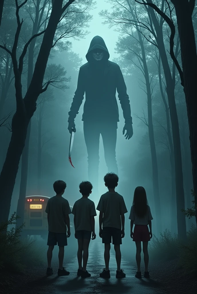A somber and mysterious setting. No fundo, the dense and dark Devil’s Tramping forest, with tall, twisted trees shrouded in fog. a school bus, partially visible, parked at the edge of the road leading to the forest.
En el centro de la imagen, A group of four young people, 3 boys and 1 girl, are in an alert pose., looking with an expression of concern and fear. Jack is ahead, with an expression of urgency.
Above the group, a menacing silhouette with a mask and a bloody knife, partially obscured by fog.