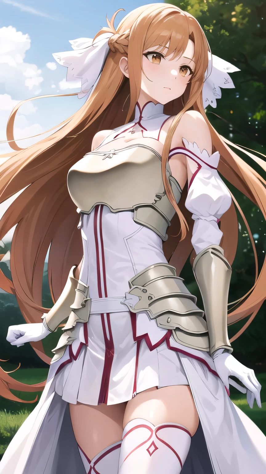 masterpiece, best quality, highres, ddasuna, long hair, brown hair, hair ribbon, brown eyes, bare shoulders, white armor, armored dress, detached sleeves, white gloves, white thighhighs, outdoors, standing, cowboy shot