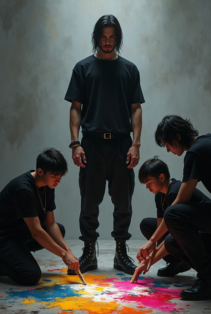 Handsome, realistic, muscular ager
Tall with long black hair , with black clothes and handsome , beardless with a sad grayish background environment with his friends painting a colorful canvas , all dressed in black painting on the floor