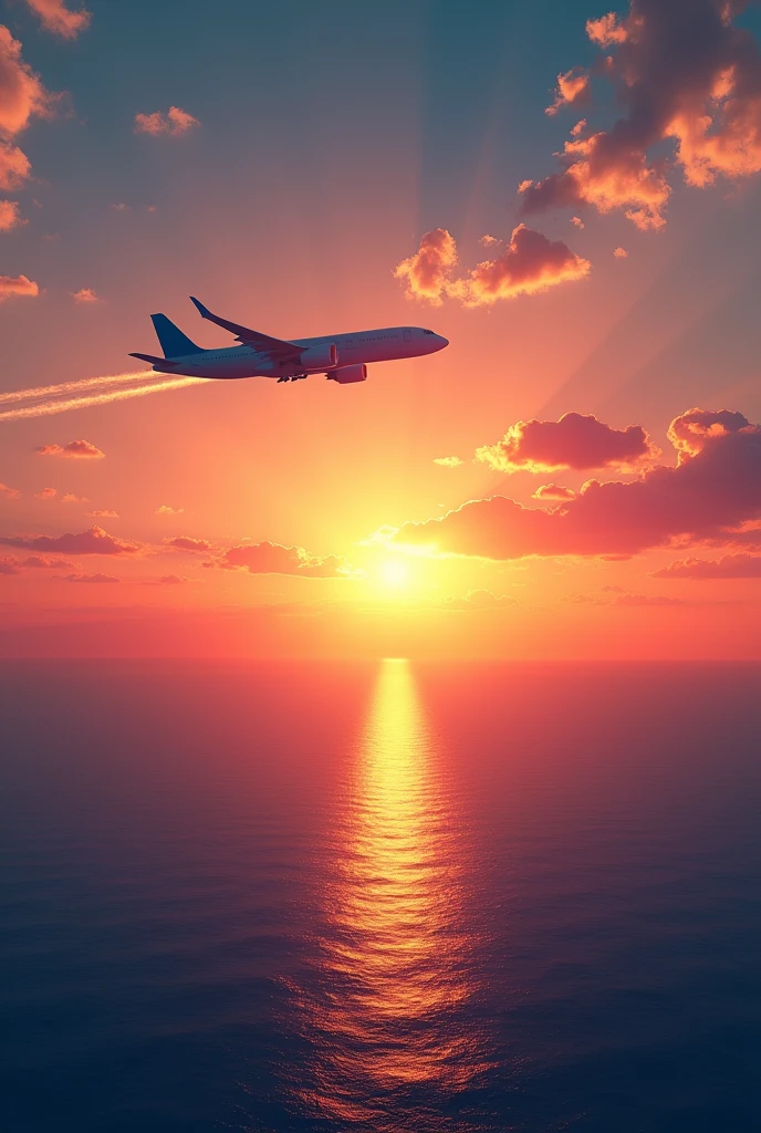 A sunset over the sea and a plane passing by