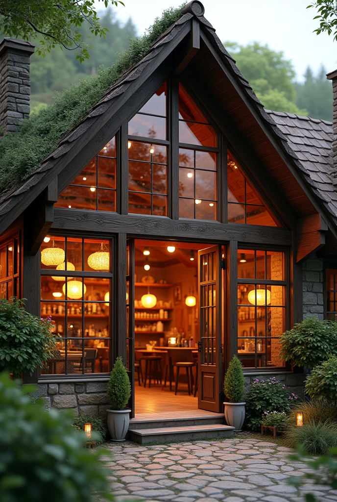 rustic restaurant with glass front and warm lighting