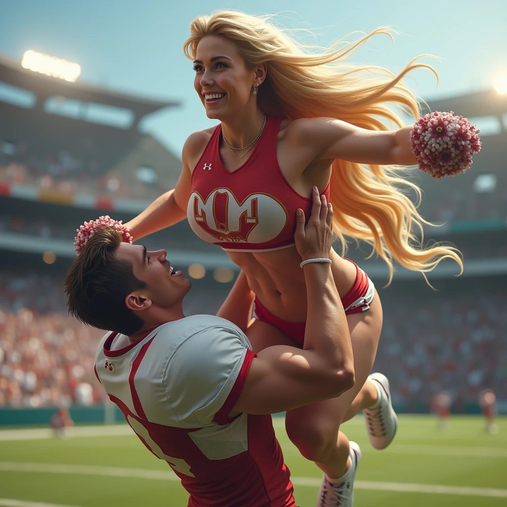 Blonde, Beautiful, and strong cheerleader lifting a large male football player high above her head with her strong arms. Photorealistic. View from a distance. Wide angle.