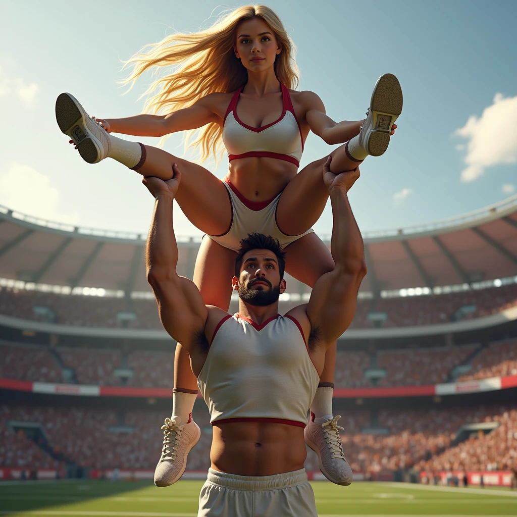 Blonde, Beautiful, and strong cheerleader lifting a large male football player high above her head with her strong arms. Photorealistic. View from a distance. Wide angle.