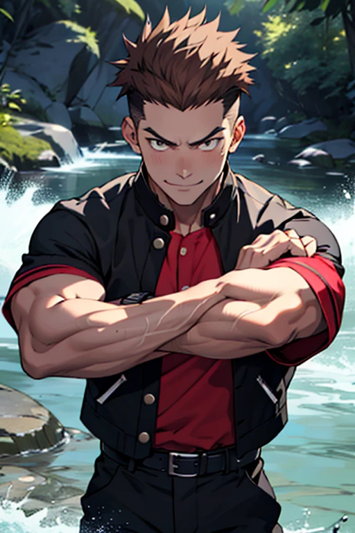 One boy, alone, Iris, Point pupils, Brown Hair, short hair, gakuran, Black jacket,Red Shirt、Black Belt, Black trousers, bad、In the river、Legs spread in fighting pose,　Upper Body　Bad Smile