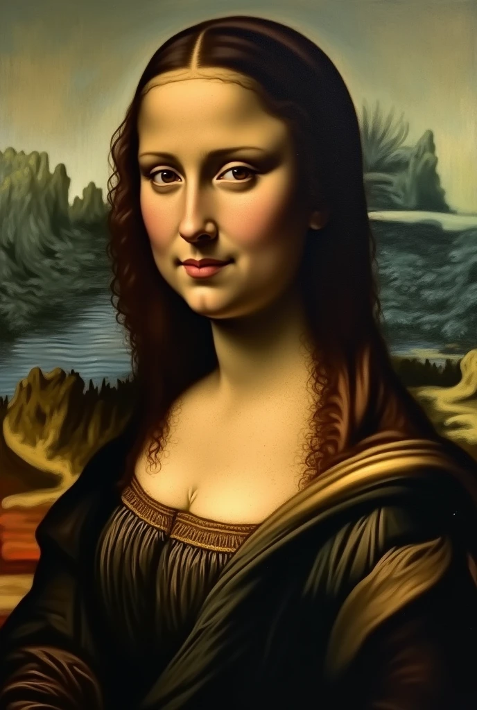 Leonardo style oil painting of nude beautiful latina woman with short hair similiar to the mona lisa painting