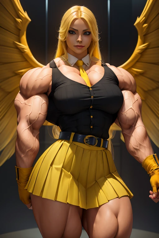 ((Close-up)), tall, (yellow hair) beautiful muscular latino woman, long flowing hair, light brown skinned, closed smile, (black lipstick), (massive muscles), (hyper muscle), ((ginormous bulky muscles)), blue eyes, (((sleeveless yellow pleated shirt))), (giant angel wings), (((long yellow pleated skirt with belt))), fingerless gloves, necktie, thigh highs, on a skyscraper, 