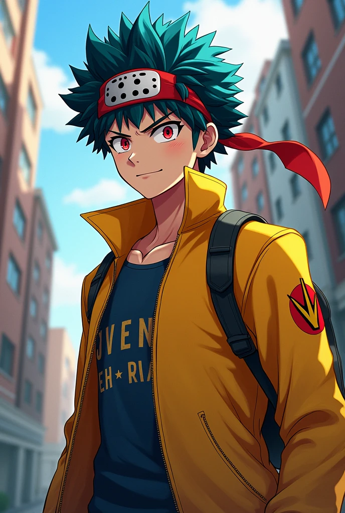My Hero Academia style young man with red eyes, blue hair, wearing a yellow jacket with a red headband and a hockey mask.