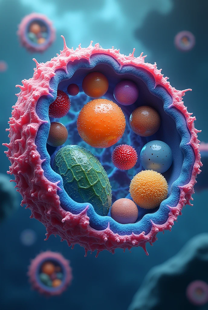 A microscopic representation of a cell, with the cell membrane, core, mitochondria and other visible organelles, all in vibrant colors to show its details.