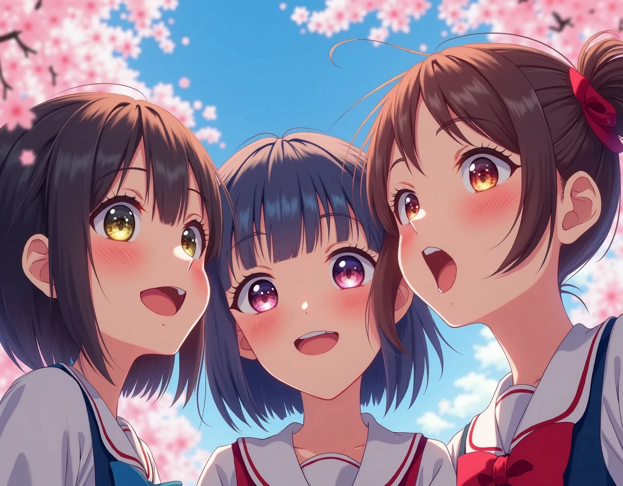 Best_Quality, HDR, masterpiece, Hi-Res, (Acutance:0.85), (realistic and photorealistic with touch of rawness:1.37), (group photo:1.6), ((3SchoolGirls Surrounding the camera in Upward composition)), Panoramic, (NOGIZAKA face variations:1.4), { Looking down at the camera | (Kissing face to face) }, (((close:1.2, Face closeup from below:1.4))), (((Sky background)) with CherryBlossoms) . Extremely Detailed KAWAII face variations, captivating gaze, elaborate detailed Eyes with (sparkling highlights:1.32), long eyelashes、Glossy RED Lips with beautiful details, Coquettish tongue, Rosy cheeks, Glistening ivory skin . { (Dynamic joyful expressions) | (:d) | (Kissing) }, Childish, SchoolUniform, { Different types of hair colors | Bangs | Hime cut | OKAPPA } , Different types of faces and races