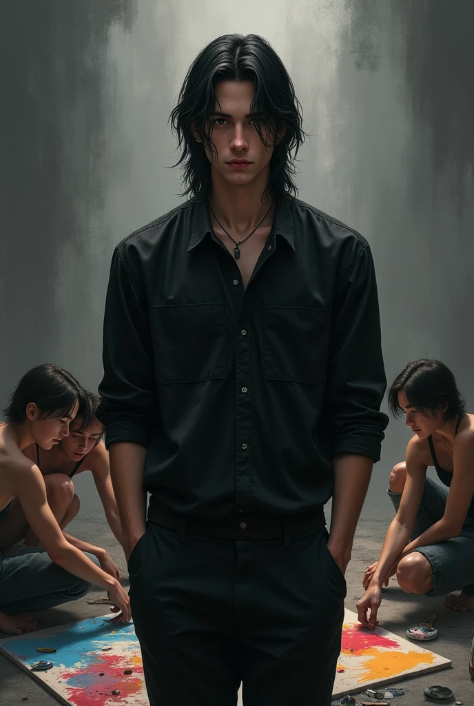 Handsome, realistic, muscular teenager
Tall with long black hair , with black clothes and handsome , beardless with a sad grayish background environment with his friends painting a colorful canvas , dressed all in black painting a canvas on the floor