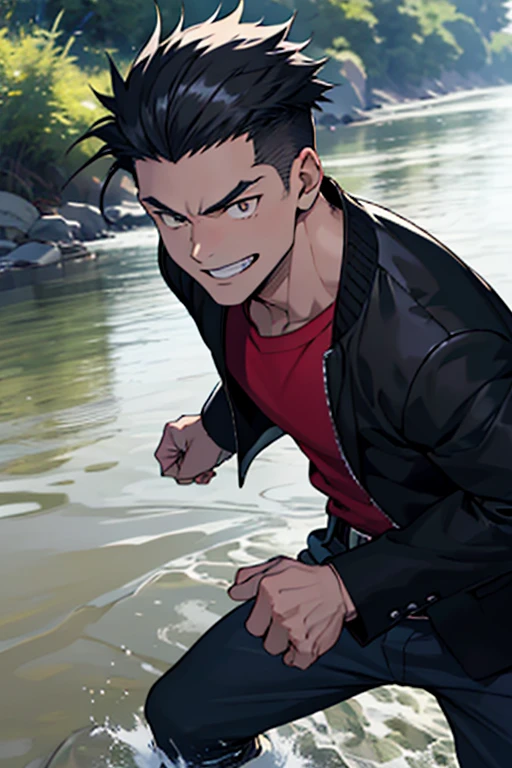 One boy, alone, Iris, Point pupils, Black Hair, short hair, gakuran, Black jacket,Red Shirt、Black Belt, Black trousers, bad、In the river、Legs spread in fighting pose,　Upper Body　Bad Smile