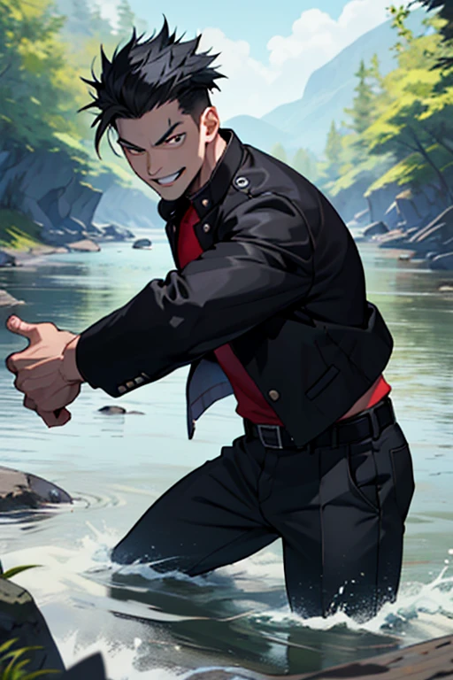 One boy, alone, Iris, Point pupils, Black Hair, short hair, gakuran, Black jacket,Red Shirt、Black Belt, Black trousers, bad、In the river、Legs spread in fighting pose,　Upper Body　Bad Smile