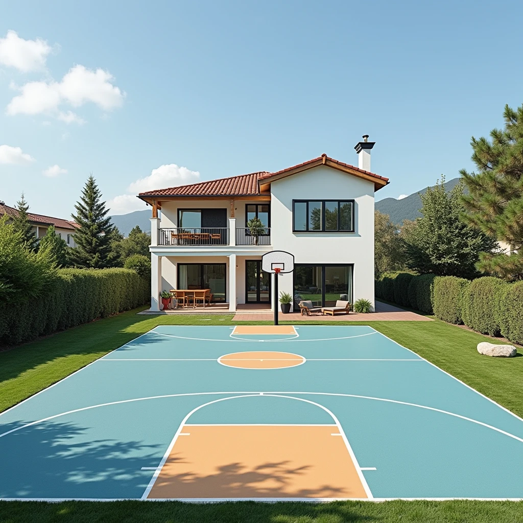 Basketball court behind a beach house
