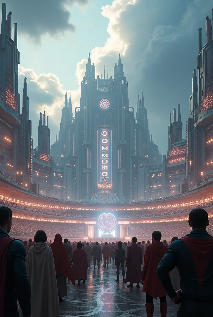 Make a very big superhero school, with a large futuristic coliseum and cloudy sky