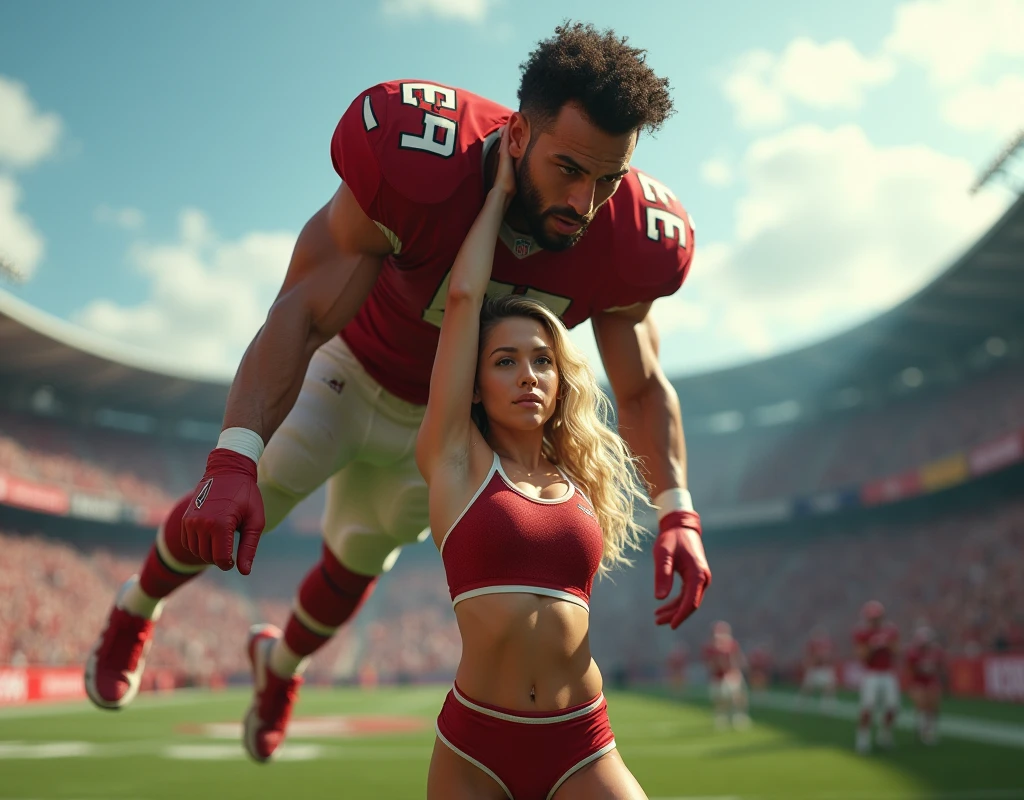 Blonde, Beautiful, and strong teen cheerleader lifting a large male football player high above her head with her strong arms. Photorealistic. View from a distance. Wide angle.