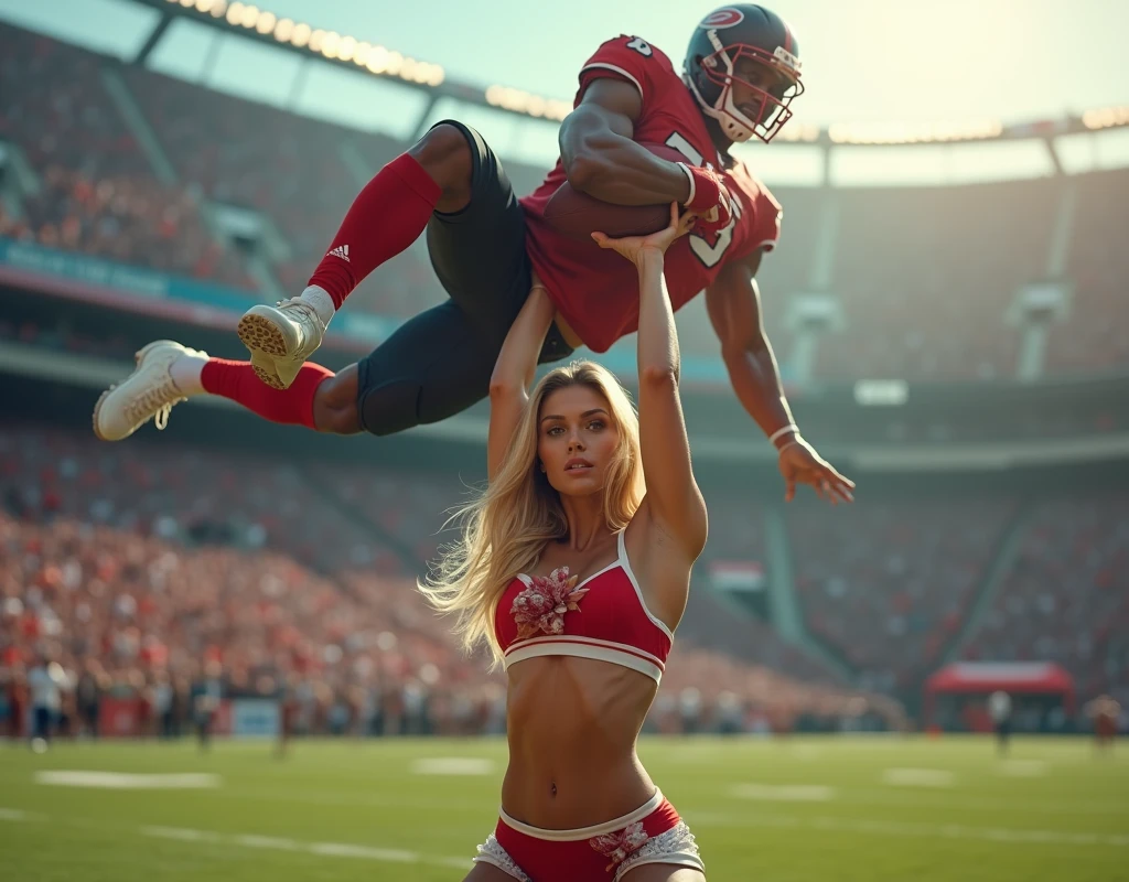 Blonde, Beautiful, and strong cheerleader lifting a large male football player high above her head with her strong arms. Photorealistic. View from a distance. Wide angle.