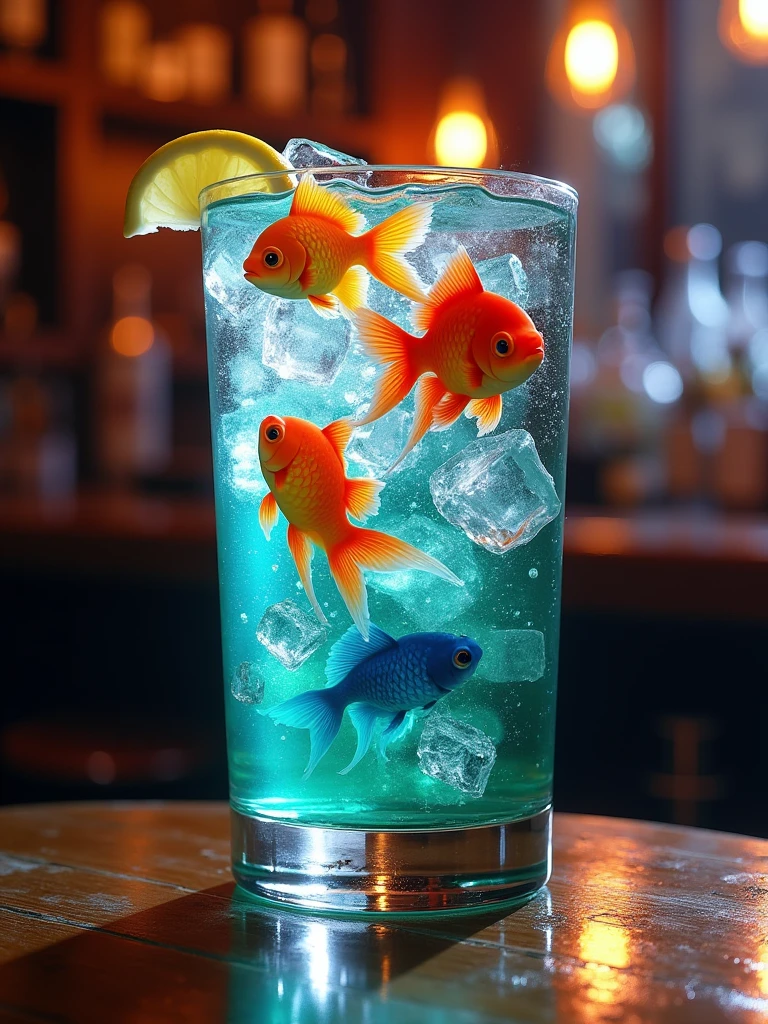 When I drink this cocktail, it feels like I'm drinking an entire ecosystem. Colorful fish swim in his transparent glass with ice cubes and a slice of lemon. The lighting in the pub makes them much more interesting.16к,uhd