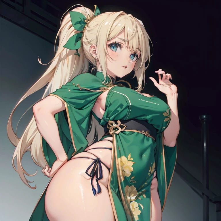Anime Kawaii sexy Perfect Slim sensual body large breast and huge thighs, An intricate and highly detailed illustration of anime (Young girl). a young woman, beautiful, long straight hair with ponytail, blond hair, emerald green eyes, White skin, Detailed face, curvilinear body, small breasts, wide hips and thick thighs, green chinese dress with yellow patterns, tight, neckline, erotic.