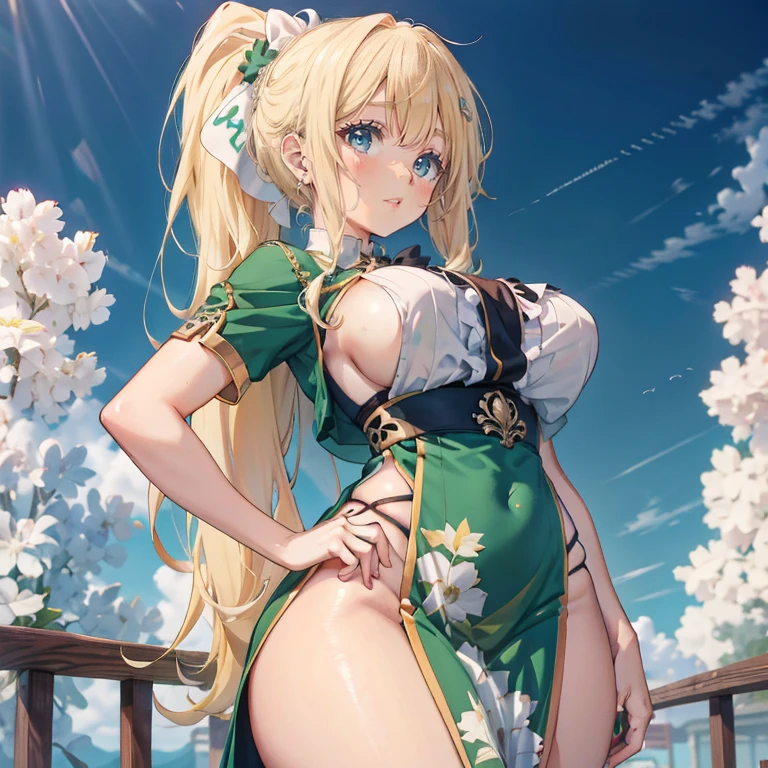 Anime Kawaii sexy Perfect Slim sensual body large breast and huge thighs, An intricate and highly detailed illustration of anime (Young girl). a young woman, beautiful, long straight hair with ponytail, blond hair, emerald green eyes, White skin, Detailed face, curvilinear body, small breasts, wide hips and thick thighs, green chinese dress with yellow patterns, tight, neckline, erotic.