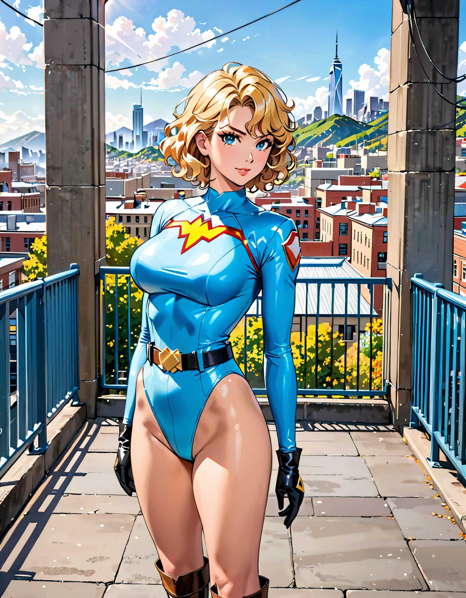 masterpiece, best quality, hires, 1girl, medium breasts, ((leotard, light blue leotard)), long sleeves, (lighting bolt emblem on chest), (bare legs), (fastened tight belt), boots, matching boots, gloves, city backdrop, solo, single, standing, rear view, full body shot, cowboy shot, superhero, beautiful detailed eyes, beautiful detailed face, blonde hair, (short hair), wavy hair, high school backdrop, outdoors, mature lady, teacher, perfect body