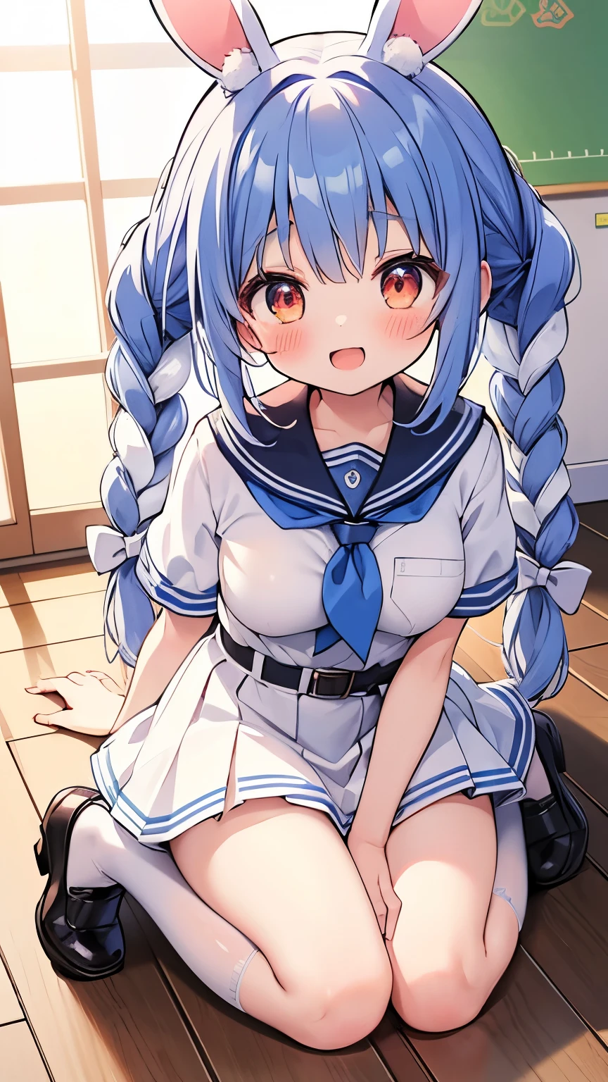 nsfw,((shifty, cat ear headphones blue shirt sailor collar white skirt wrist cuffs socks sneakers,)),((solo girl)),((Perfect body,))((Super beautiful,))((High quality,)), (sweaty,) (wet all over,) blush, steam,((big breast)),(shyly smile),((Lift up the hem of her skirt to show off her crotch,Pleated skirts that are too short and expose underwear,))pov, Looking at Viewer,cowboy shot,(lovehotel room),bukkake,cum on fullbody,