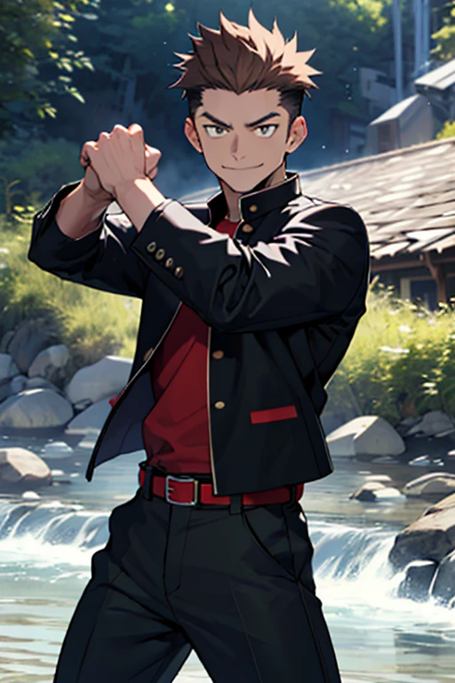 One boy, alone, Iris, Point pupils, Brown Hair, short hair, gakuran, Black jacket,Red Shirt、Black Belt, Black trousers, bad、In the river、Legs spread in fighting pose,　Upper Body　Bad Smile