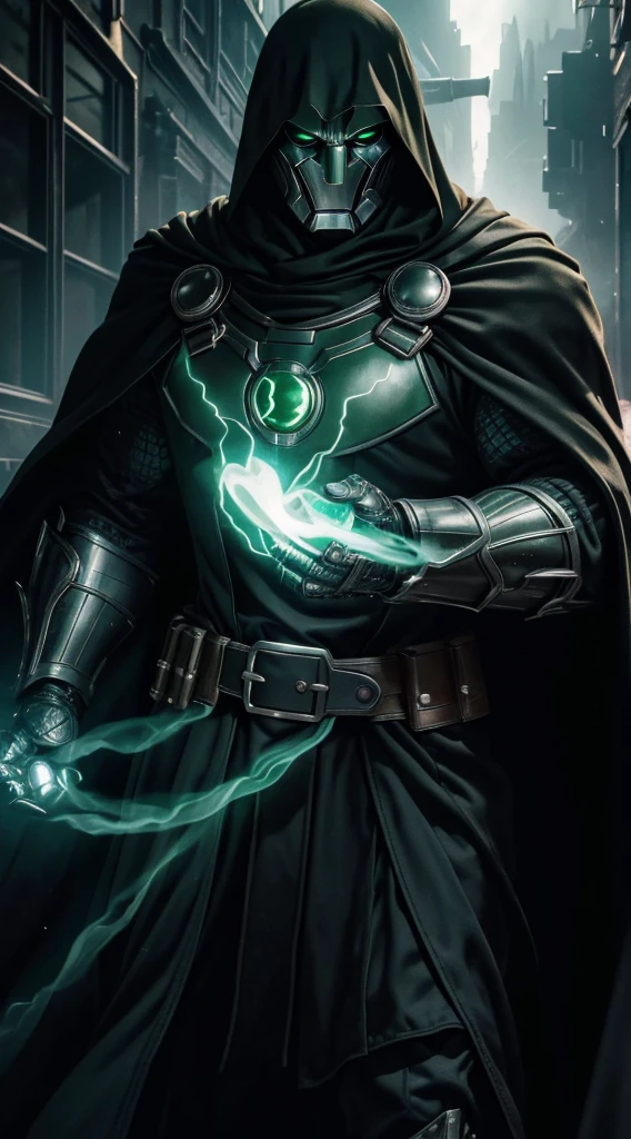 Doctor Doom Marvel, 35mm lens, photography, ultra-detailed, HDR, UHD, 8K, portraits, dark atmosphere, menacing expression, black cloak, iconic metal mask, glowing green eyes, intricate armor, smoke effects, dynamic pose, ruined cityscape, dramatic lighting, intense shadows, vibrant colors